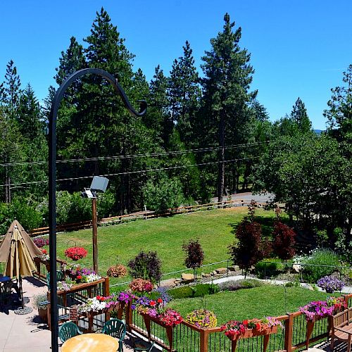 The image shows a garden with colorful flowers and a green lawn, surrounded by trees under a clear blue sky, with outdoor seating and decorations.