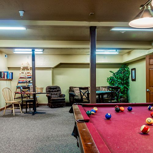 A room with a pool table, TV, chairs, and shelves with books. There are also table and chairs in the back area and a plant near the door ending the sentence.