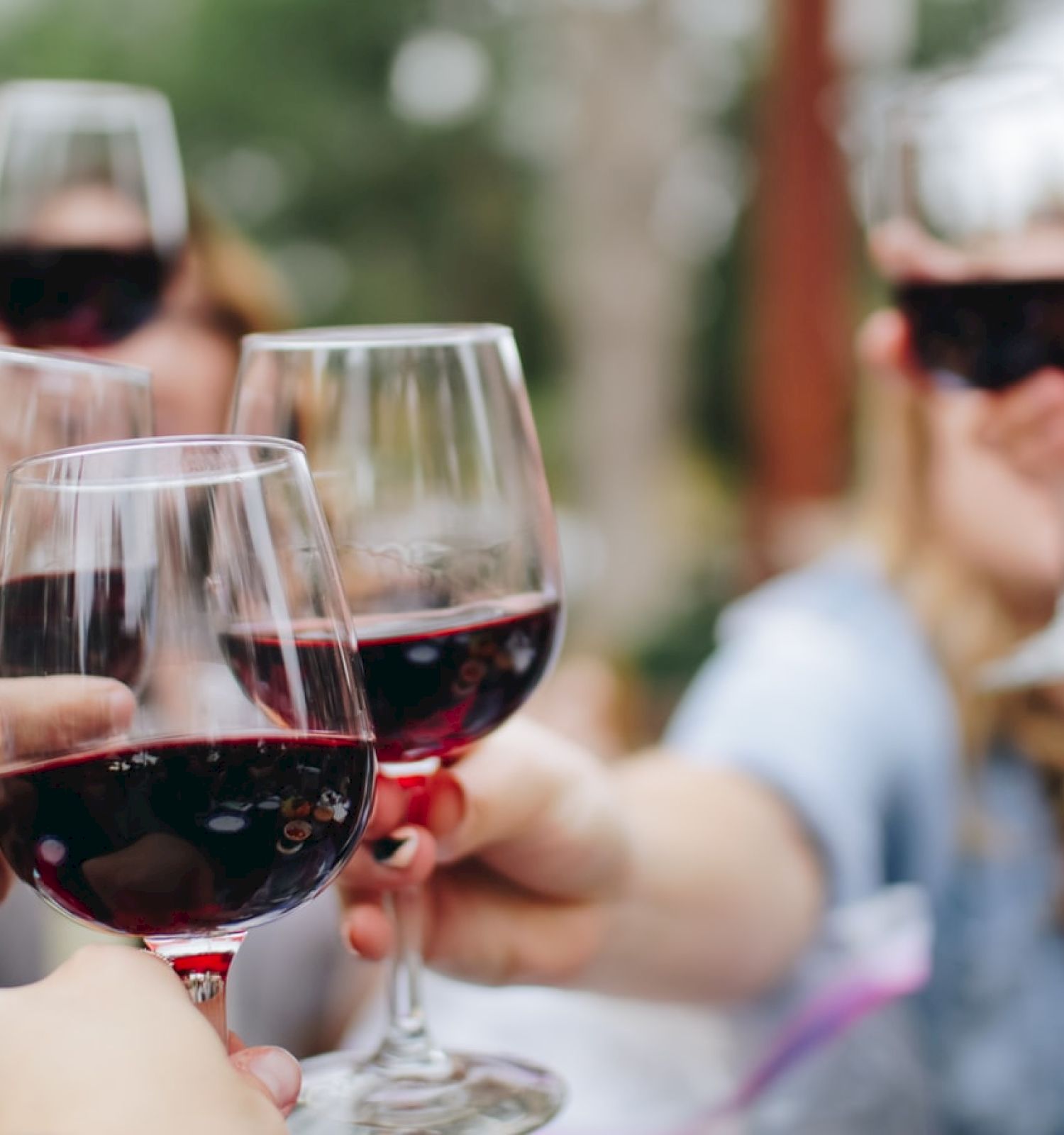 People are holding and clinking glasses of red wine in a celebratory gesture outdoors.