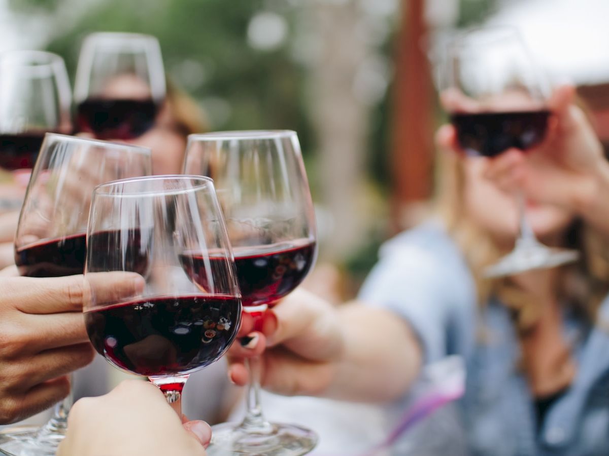 Several people are clinking glasses of red wine together in a celebratory toast, with an outdoor background blurred in the distance.