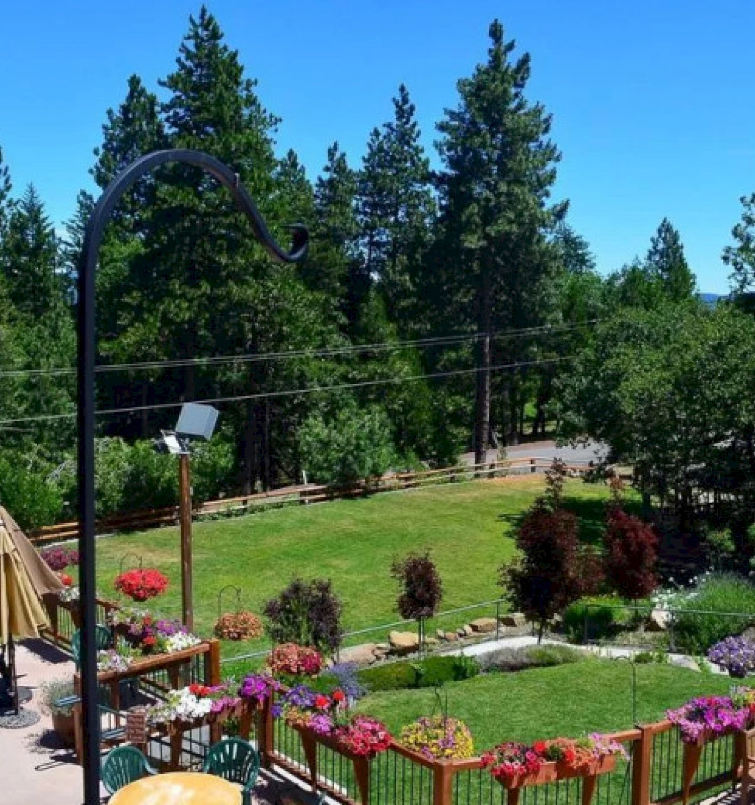 The image shows a garden area with colorful flowers and a grassy lawn, surrounded by trees and outdoor seating furniture, all under a clear blue sky.
