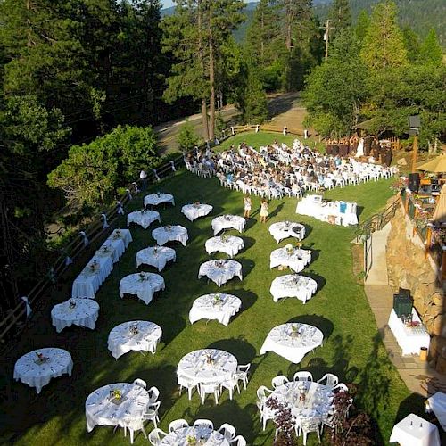 An outdoor event setup with round tables and white chairs arranged on a green lawn, surrounded by trees and a forested background.
