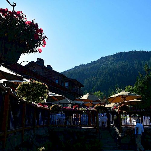 The image shows an outdoor patio with people dining under umbrellas, surrounded by colorful hanging flowers, and a mountain in the background.