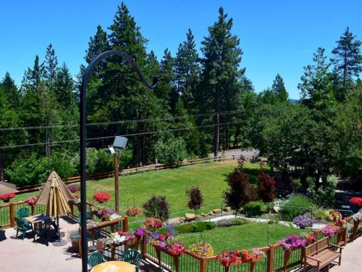 The image shows a landscaped patio and garden area with colorful flowers, outdoor seating, and a view of a lush forest in the background.