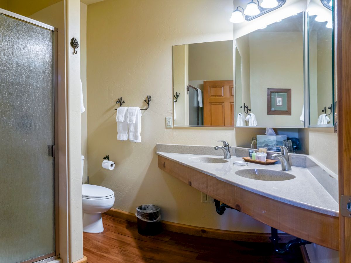 The image shows a bathroom with a glass-enclosed shower, a toilet, double sinks, a large mirror, and wooden flooring, with towels on hooks.