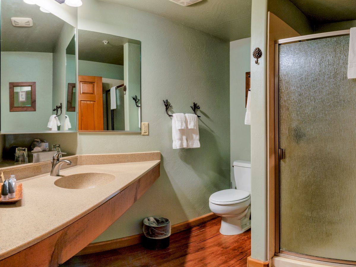This image shows a clean, modern bathroom with a large mirror, sink, towels, trash bin, toilet, and a shower with a glass door.