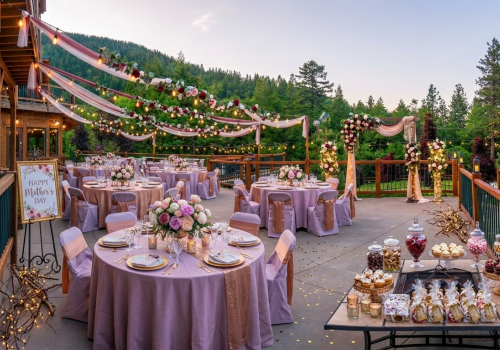 An outdoor wedding reception with round purple-draped tables, floral centerpieces, string lights, and a dessert bar under a wooden decked venue.