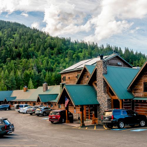 This image shows a rustic lodge with green roofs nestled in a forested mountainous area, with several cars parked outside, surrounded by lush greenery.